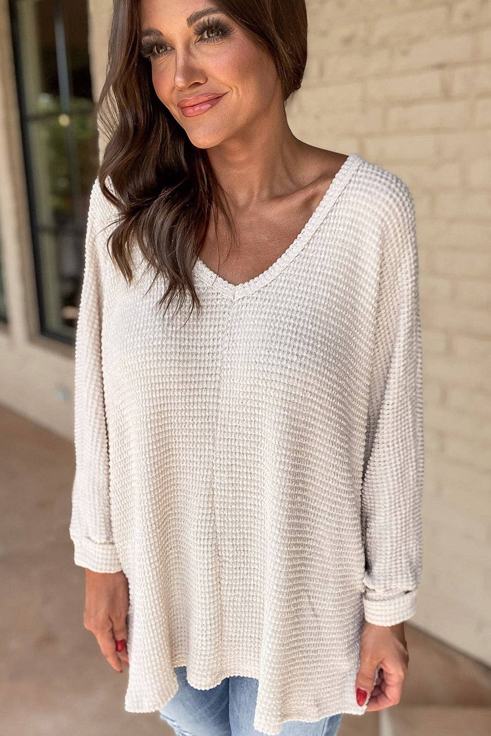 Whitney Waffle V Neck long sleeve tee